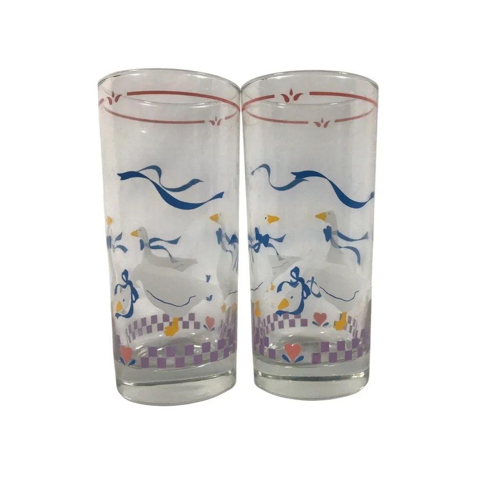 Vintage 80s Country Goose Drinking Glasses White Blue Ribbon Hearts Set of 2
